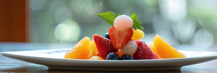 Wall Mural - Side view of a colorful fruit dessert showcasing orange, strawberries, blueberries, and peaches alongside a Japanese-style sweet rice cake on a white plate.