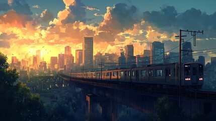 Canvas Print - anime city landscape with train