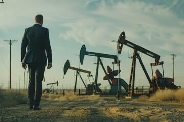 A businessman walks near oil pumps, possibly on his way to or from work