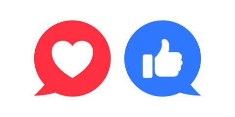 Leinwandbilder - Like and love icon button. Thumbs up and heart flat icon in modern speech bubble shapes , Social media notification icons. emoji post reactions set. Vector illustration