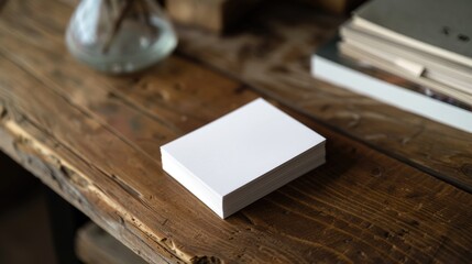 Sticker - Stack of white cards placed on a wooden table, perfect for creative projects or office use