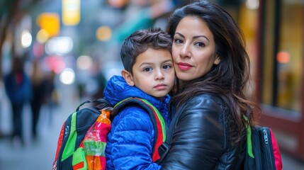 Poster - A woman and child on a city street with backpacks, AI