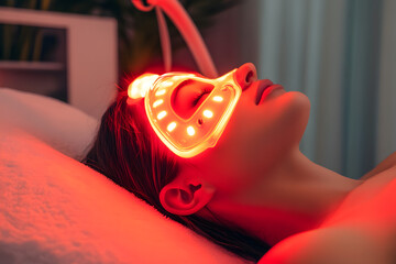 Canvas Print - LED light anti-aging mask for facial skin care in a spa slow motion. A woman lies on a couch in a special mask. Modern technologies of beauty and health.