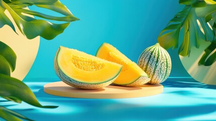 Poster - A melon and watermelon are cut into slices on a plate, AI