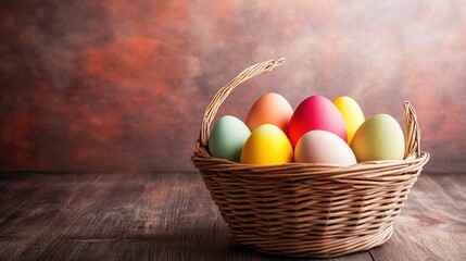 Poster - colorful easter eggs in basket . With copy space