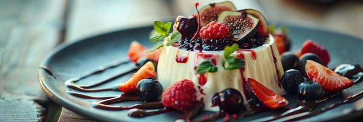 Sticker - Creamy Italian Panna Cotta served with Blueberries, Figs, Raspberries, and Strawberries, garnished with Chocolate on a Plate