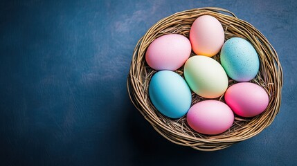 Wall Mural - colorful easter eggs in basket . With copy space