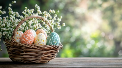 Poster - colorful easter eggs in basket . With copy space