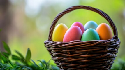 Poster - colorful easter eggs in basket . With copy space