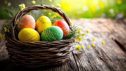 Poster - colorful easter eggs in basket . With copy space