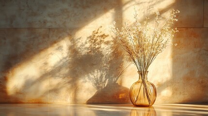 Poster - Dried Flowers in Amber Vase on Brown Background with Sunbeams