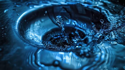 Poster - A water drop falls into a dark blue liquid, creating a crown of ripples.