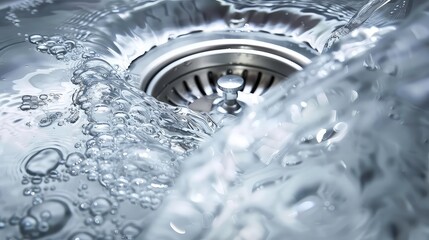 Poster - Water flowing down the drain of a sink, with bubbles and ripples.