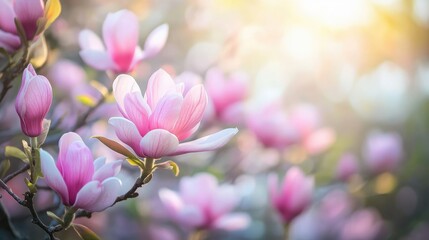 Wall Mural - Pink magnolia flowers blooming in spring garden