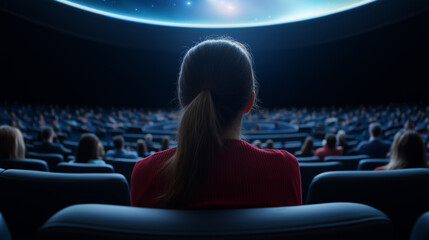Wall Mural - planetarium dome with people during a show, vivid projections of stars, planets and cosmic phenomena