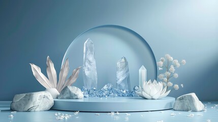 Wall Mural - Minimalist product display with crystal, podium and white flower.