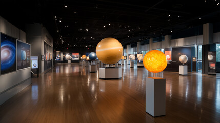space museum with planets of solar system and screens display data about each celestial body