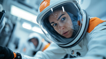  female astronaut wearing white overalls with orange details working on the engine room inside space station