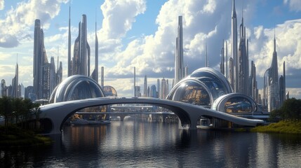 Futuristic skyline with tech-inspired designs