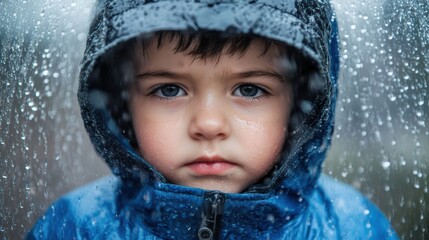 Canvas Print - A young boy wearing a blue jacket in the rain, AI