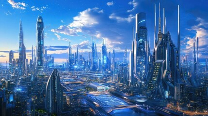 Futuristic skyline with tech-inspired designs