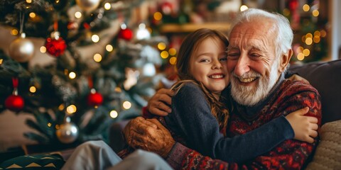 In a heartwarming Christmas setting, an elderly person and a child share a special moment filled with love, joy, and cherished memories, creating a cozy and festive atmosphere together