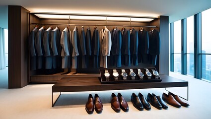 A chic arrangement of tailored suits and polished shoes in a stylish boutique. Perfect for fashion, luxury, or retail industry visuals.