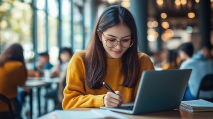 Wall Mural - A woman in glasses writing on a laptop computer, AI