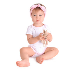 Poster - Cute baby with toy on white background