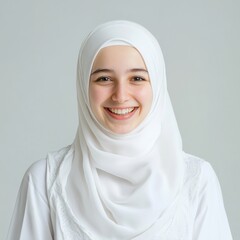 Wall Mural - A woman in a white head scarf smiling for the camera, AI