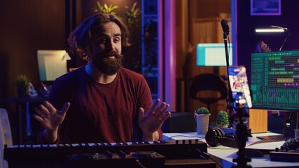 Leinwandbilder - Piano teacher conducting online singing lesson for all people on internet, sharing valuable insights, and techniques in playing electronic keyboard notes. Social media educational video. Camera A.