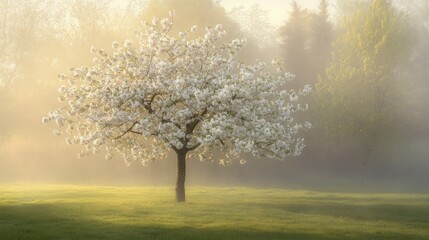 Wall Mural - Soft-focus spring blossom tree in morning mist