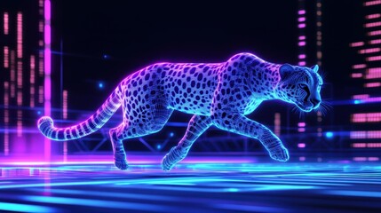 Neon Cheetah Running on Futuristic Cityscape