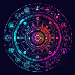A glowing digital circular pattern with icons representing technology, business, finance, and security. Generated with AI.
