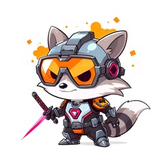 Sticker - cute raccoon warrior illustration