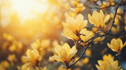 Canvas Print - A close up of a bunch of yellow flowers on the tree, AI