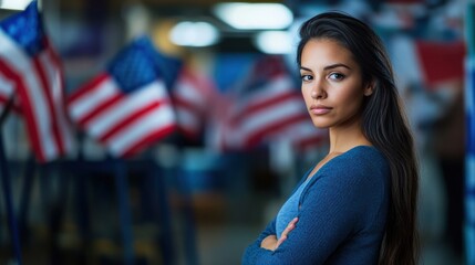 Poster - A woman with a long dark brown hair standing in front of american flags, AI