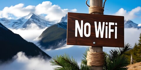 Wooden sign prominently displays the message No WiFi against a breathtaking mountainous backdrop, symbolizing the growing trend of digital detox and the pursuit of offline adventures in nature (11)