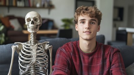 Poster - A young man sitting on a couch next to a skeleton, AI