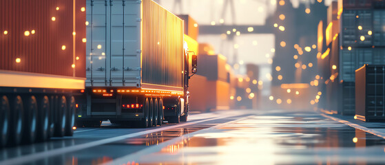 Modern logistics scene at a shipping port featuring trucks and containers under vibrant lights during dusk or dawn with a reflective surface.