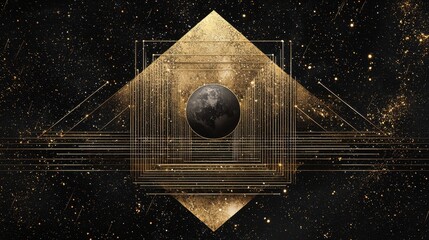 Gold Geometric Shapes with Planet and Stars on Black Background