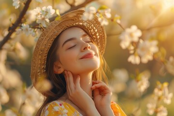 Wall Mural - A woman wears a straw hat and a bright yellow dress, possibly at an outdoor event or celebration