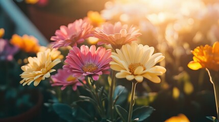 Vibrant flowers blooming in sunlight