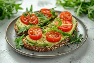 A plate of avocado toast with cherry tomatoes and arugula on top-gigapixel-hq-scale-6_00x