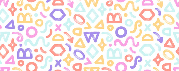 Aufkleber - Colorful seamless pattern with basic geometric shapes and figures in kid's doodle style.