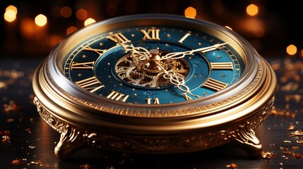 New Year's Eve concept. Vintage golden clock on a blue background.