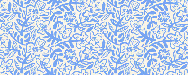 Poster - Naive style seamless pattern with brush drawn blue flowers. Chamomile, daisy or poppy with stems. Kid doodle floral drawing in naive or primitive style. Abstract childish simple drawing.
