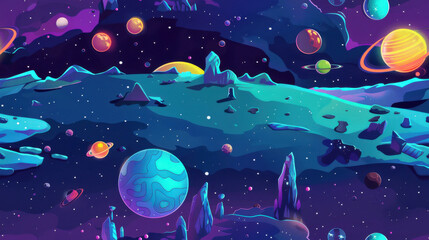 Wall Mural - a horizontal map game scene, space universe, magnificent, detail handled very carefully, 