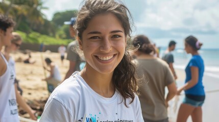 Sticker - Joyful volunteer portrait of a woman at the beach focusing on cleaning and recycling efforts for environmental sustainability. Celebrating community service and awareness for climate change