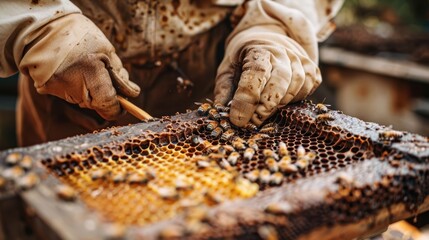 Tools for uncapping beeswax in honey production. A farming worker engaged in collecting organic and natural food products in the beekeeping industry